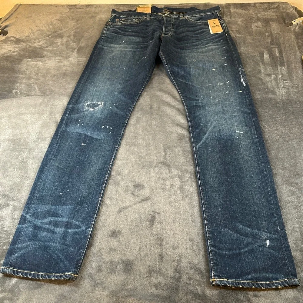 Polo Ralph Lauren Sullivan Slim Jeans Mens 34x34 Blue Distressed Paint Splatter